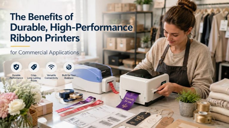 Woman using Masung durable high-performance ribbon printers in a retail boutique, printing custom satin gift ribbons and apparel tags with commercial ribbon printing machines