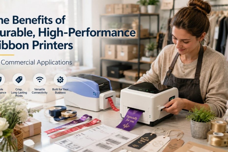 Woman using Masung durable high-performance ribbon printers in a retail boutique, printing custom satin gift ribbons and apparel tags with commercial ribbon printing machines