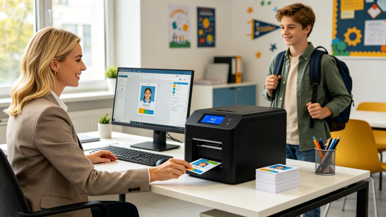 School administrator printing student badge with school ID card printer in school office
