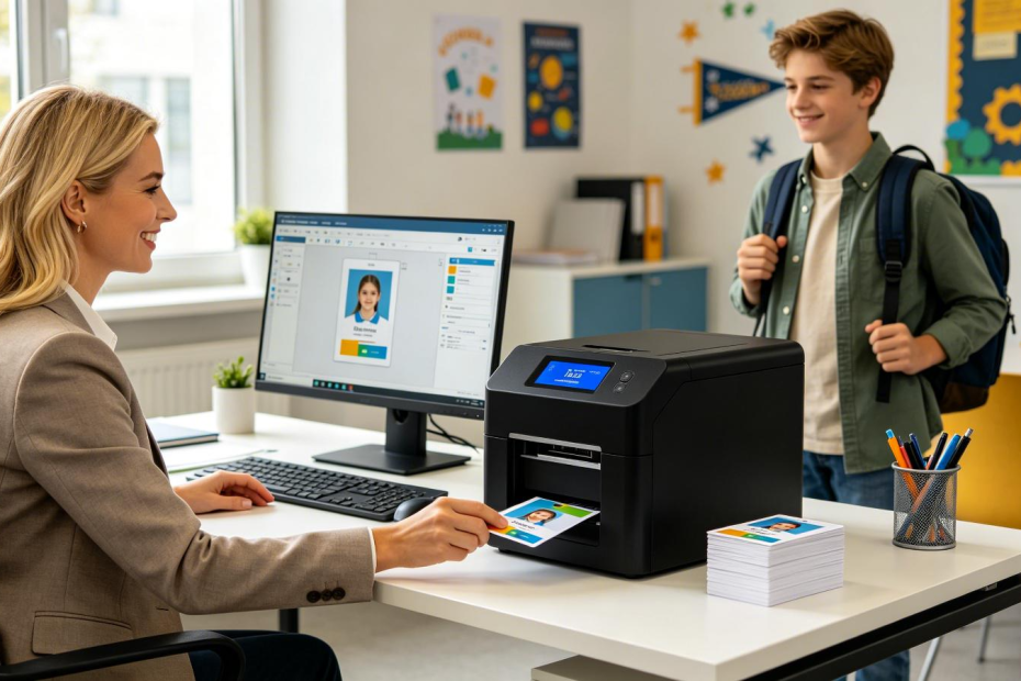 School administrator printing student badge with school ID card printer in school office